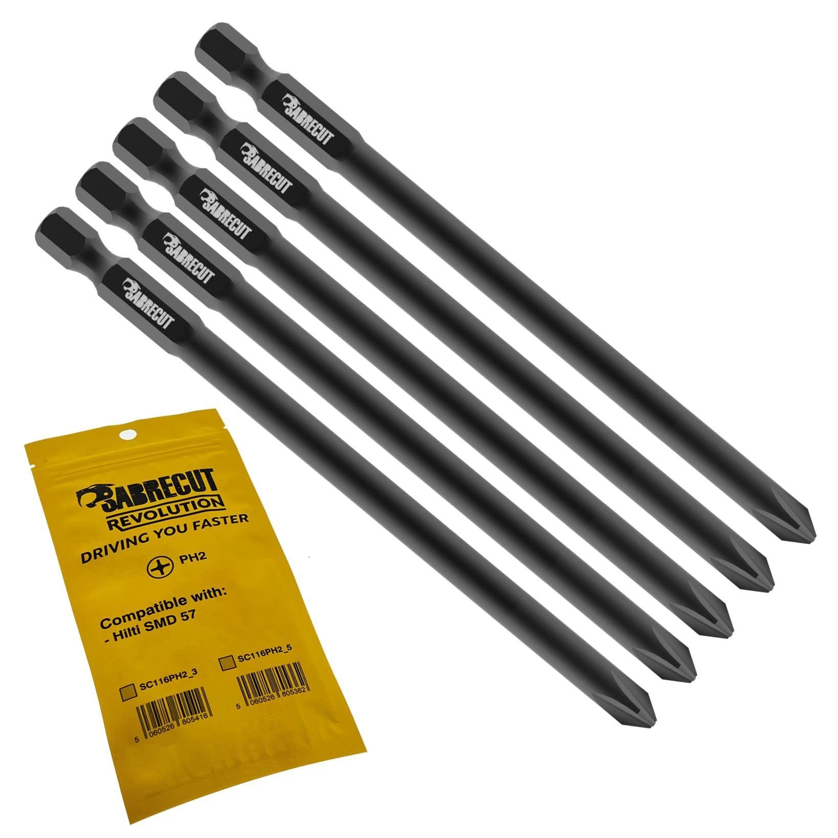 5 x SabreCut SC116PH2_5 116mm PH2 Compatible with Hilti SMD 57 SMD57 116/4 1/2 Autofeed Collated Drywall Screwdriver Gun Bit Single Ended Phillips No.2 Heavy Duty