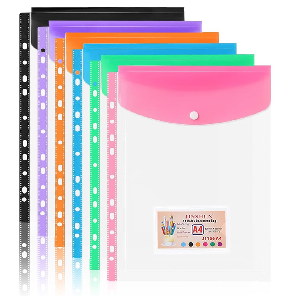 6 Pack Plastic Wallets A4 Punched Pockets, Expandable Folders Plastic Document Files with Button,Tab Card, and 4 Binders for School, Office, Home, Travel (6 Colors)