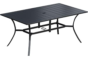 VICLLAX Outdoor Patio Table for 6 Person, 59" x 38" Rectangle Outdoor Dining Table, Patio Metal Steel Slat Table with Umbrella Hole for Lawn Garden