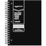 Amazon Basics College Ruled Wirebound 3-Subject 150-Sheet Notebook - Pack of 3, 10.5 x 8 Inch, Black / Red / White