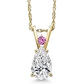 Gem Stone King 14K Yellow Gold DEF Lab Grown Diamond and Pink Created Sapphire Pendant Necklace for Women | 0.75 Cttw | Gemstone April Birthstone | Pear Shape 8X5MM | With 18 Inch Chain