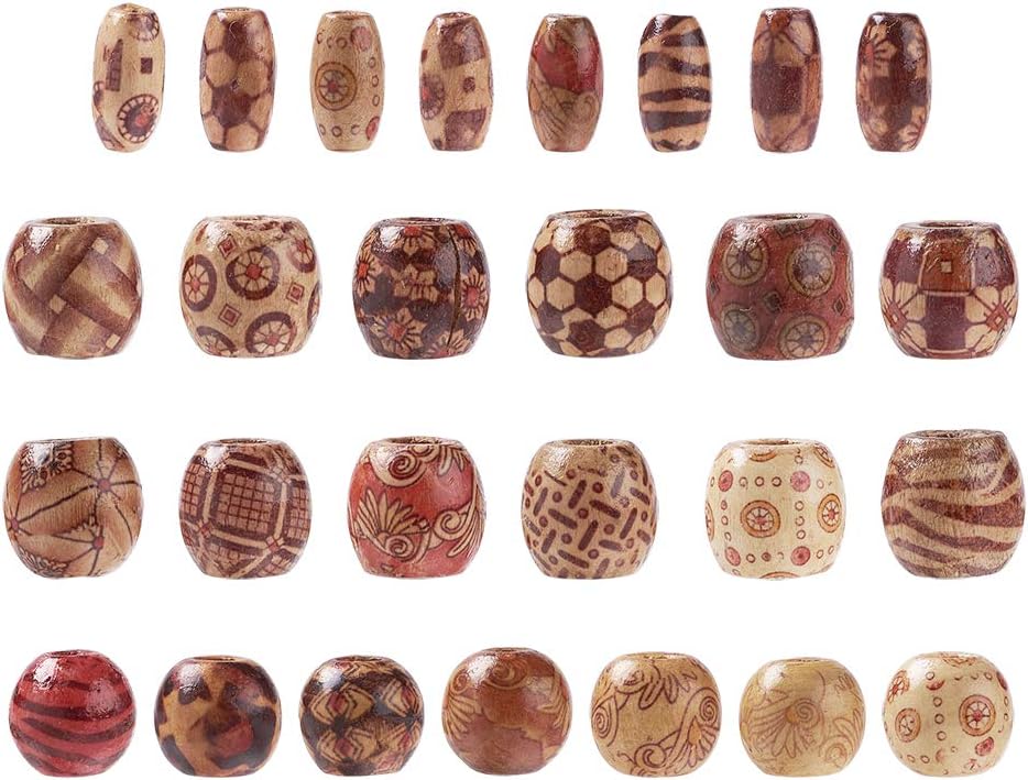Pandahall 300pcs Printed Wood Beads - Round & Oval & Drum Shapes, Large Hole, Mixed Colors for Jewelry Making DIY Crafts