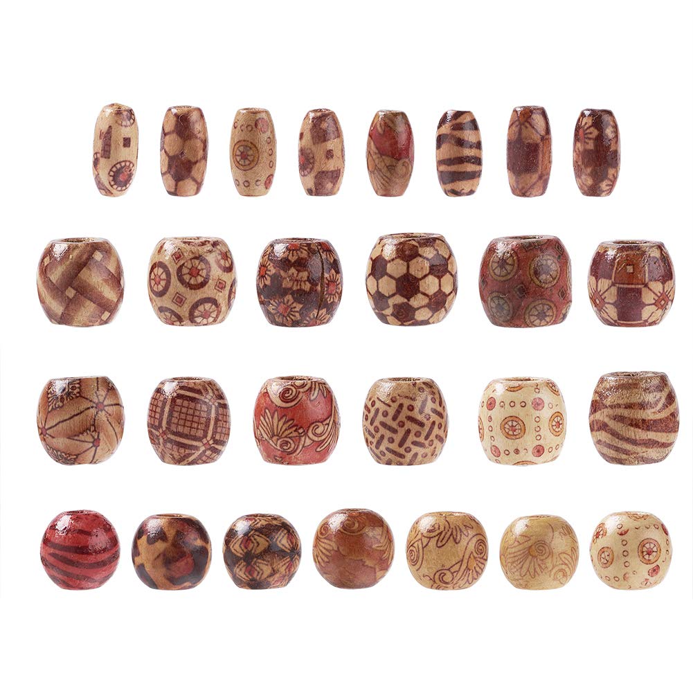 Pandahall 300pcs Printed Wood Beads - Round & Oval & Drum Shapes, Large Hole, Mixed Colors for Jewelry Making DIY Crafts