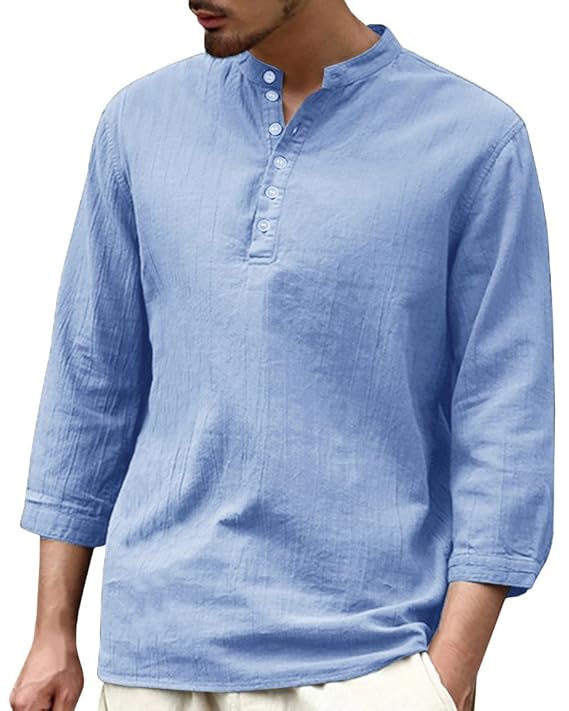Fueri Herren Hemd Stehkragen Kurzarm Leinen Freizeithemden Slim Fit Sommer Hemd Langarmshirt