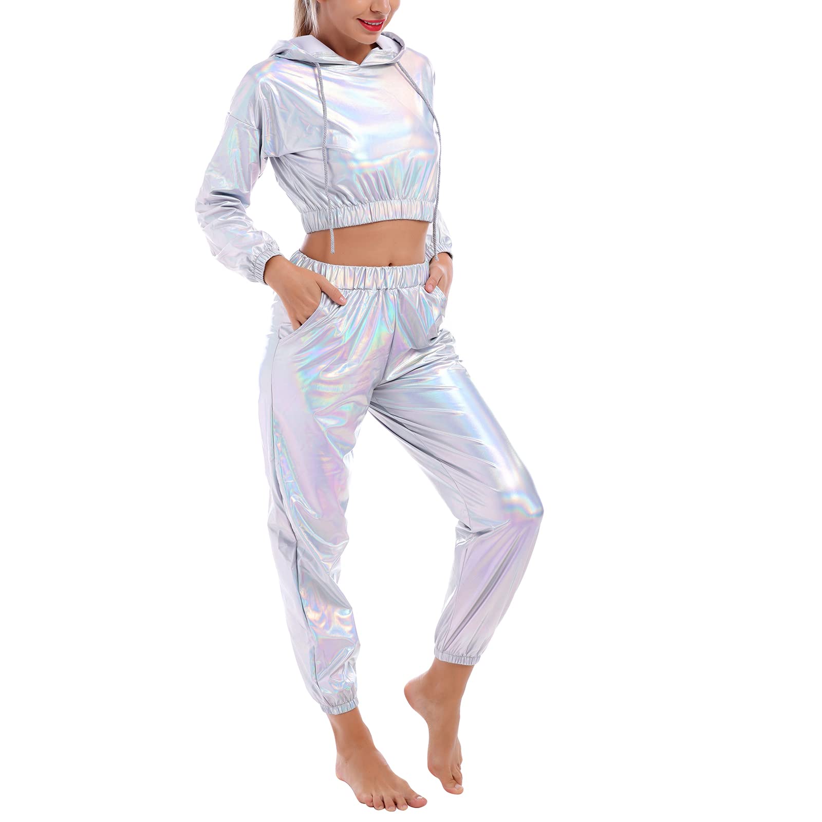 IMEKIS Women's Rave Outfit Shiny Crop Top Hoodie Metallic Casual Long Pants Hooded Workout Sweatshirt Disco Dance Clubwear