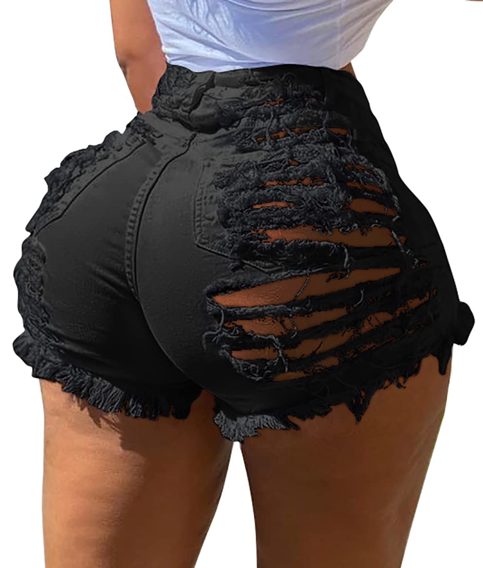 Photo 1 of GOBLES Women's Summer Sexy High Waist Ripped Frayed Hem Denim Shorts with Pockets Black