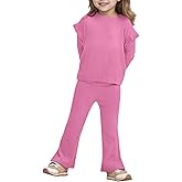 Yousify Girls 2 Piece Outfits Kids Casual Ribbed Knit Long Sleeve Shirts and Flare Pants Clothing Sets 5-14 Years