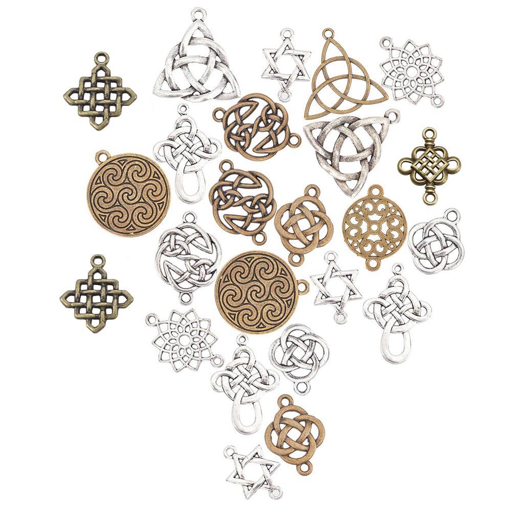 SUNNYCLUE 1 Box 56Pcs 14 Styles Celtic Knot Charms Pagan Chinese Knot Flower of Life Connectors Chakra Tibetan Style Alloy Hollow Pendants for Crafts Supplies, Antique Sliver Bronze