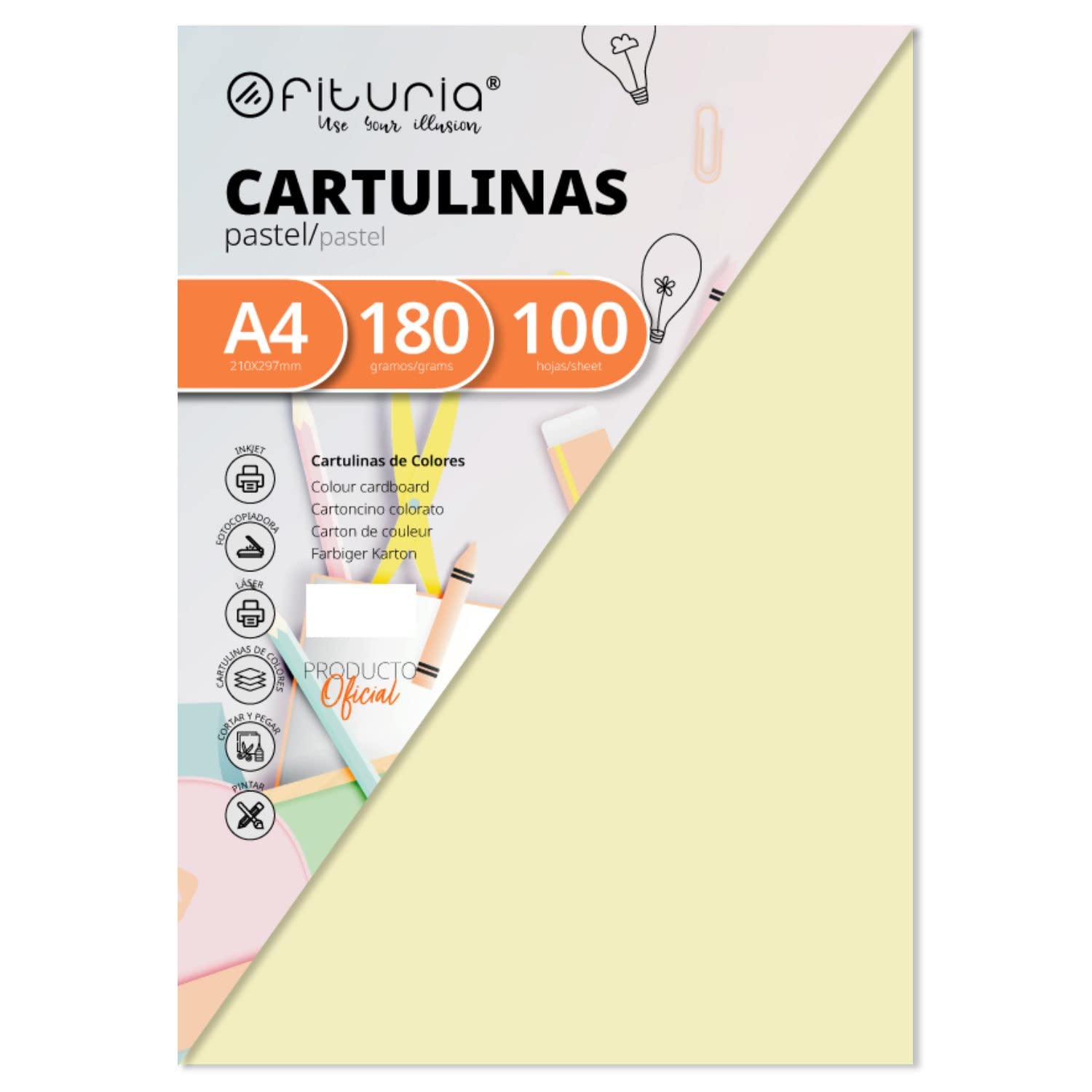 Pack of 100 Cartulinas Colour Crema Tamaño A4 180 g