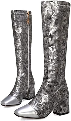 Kalorywee Hautes Botte Hauteur Genou A Talon Femme Cuissarde Hiver Bottine Chaussures Imprime Serpent Zipper Lateral Talon Bloc 7 Cm Amazon Fr Chaussures Et Sacs