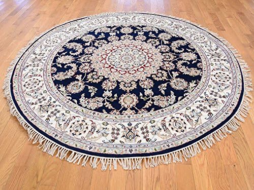 5'x5' Wool &amp; Silk 300 Kpsi Navy Blue Nain Hand-Knotted Oriental Round Rug G39716