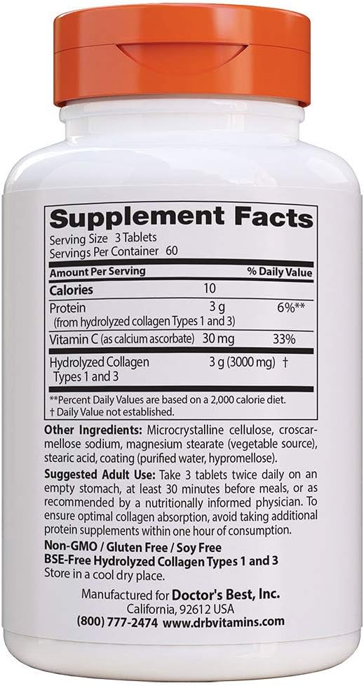 Doctor's Best Collagen Types 1 and 3 with Peptan, Non-GMO, Gluten Free, Soy Free, Supports Hair, Skin, Nails, Tendons and Bones, 1000 mg, 180 Tablets: Health & Personal Care