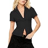 VFURYGD Women Y2K Button-Up Short Sleeve Shirt Slim Fit V Neck Lapel Collar Cropped Top Blouse