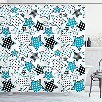 Ambesonne Children Shower Curtain, Stars Shapes Cartoon Childish Illustration Geometry Cheer Celebration, Cloth Fabric Bathroom Decor Set with Hooks, 70