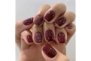 HPYFOI Wine Red Press on Nails Short Square Fake Nails Dark Red False Nails Press ons with Gold Glitter Designs Full Cover Glossy Glue on Nails Artificial Nails Stick to Nails for Women Decorations 24 Pcs