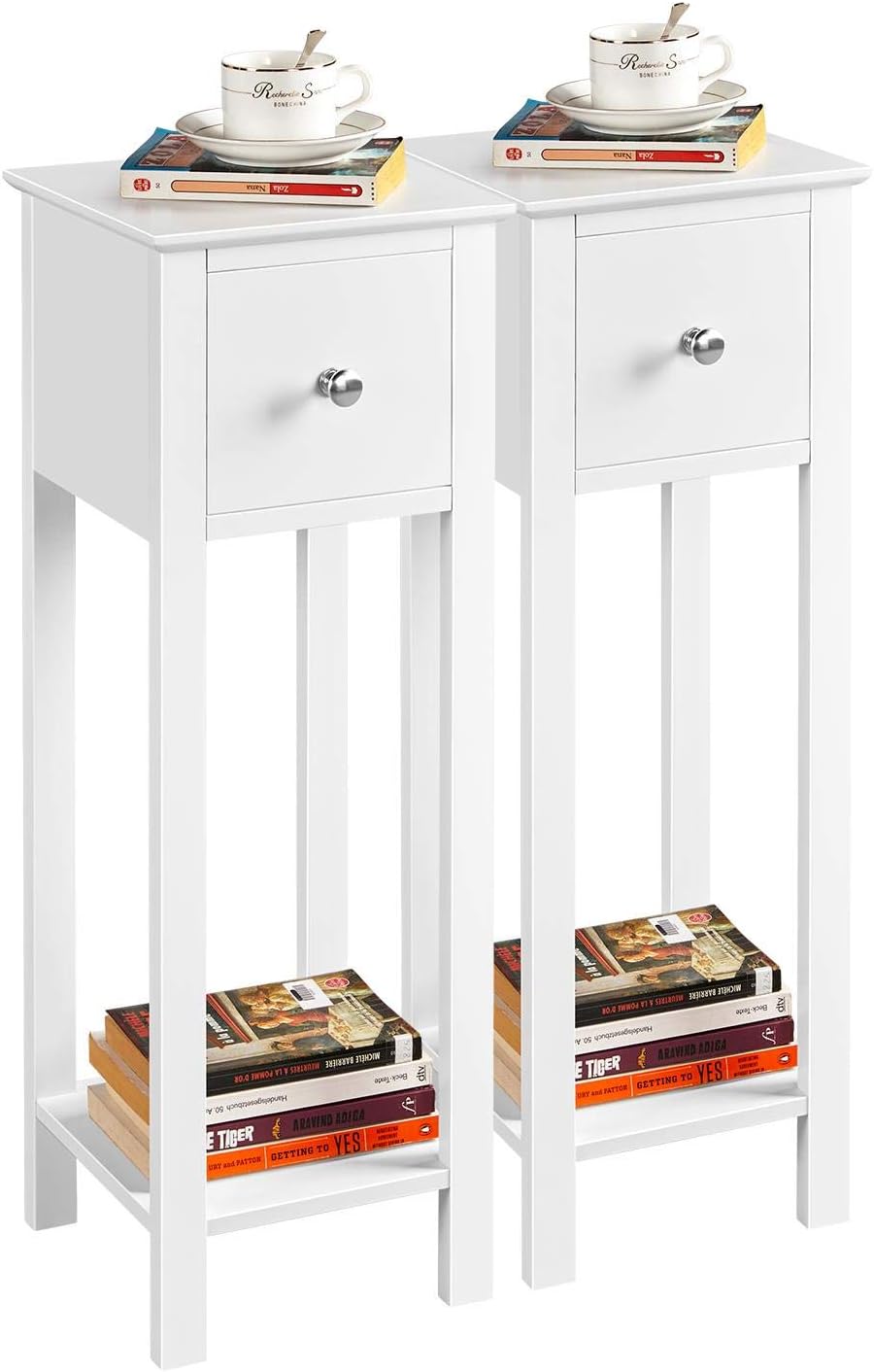 Yaheetech White Slim Bedside Table Set of 2 Narrow Nightstand with Drawers
