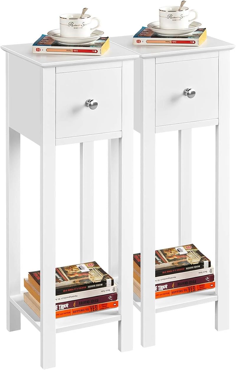 Yaheetech White Slim Bedside Table Set of 2 Narrow Nightstand with Drawers