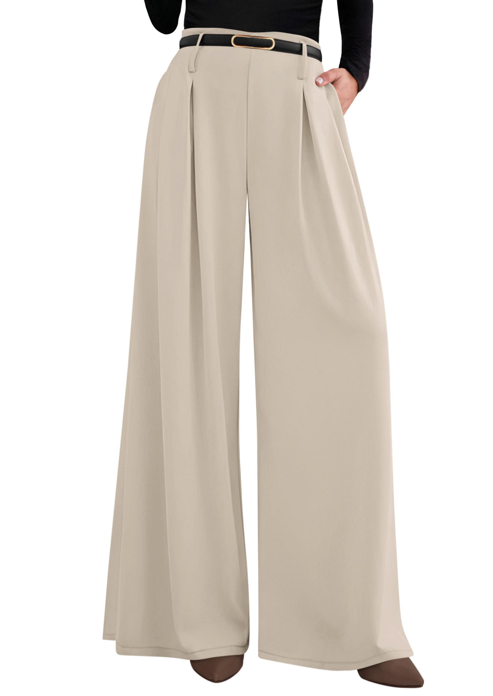 Photo 1 of PRETTYGARDEN Womens Spring Trendy Wide Leg Trousers 2026 High Elastic Waisted Extra Long Flowy Loose Pleated Palazzo Work Pants (Apricot,Medium-Long)