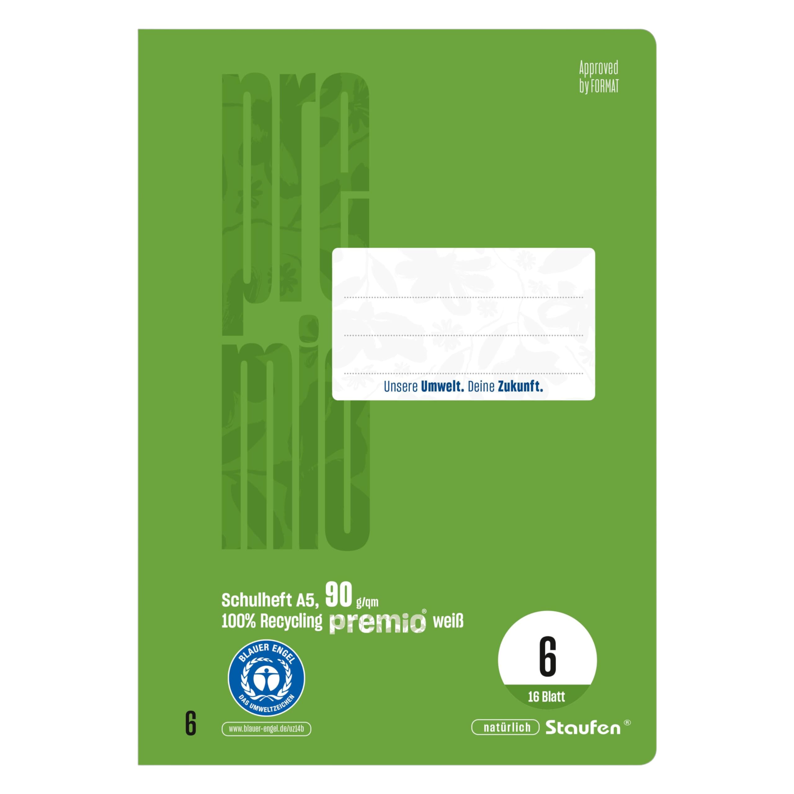 Staufen premio Schulheft - 10 Hefte je 16 Blatt, DIN A5, Lineatur 3 (14 Doppellinien), 90 g/m² Recyclingpapier, runde Ecken verhindern „Eselsohren“