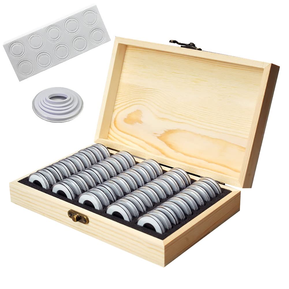 Tiardey 50pcs Coin Capsules Holder,Universal Coin Container Case Wooden Storage Box,Display Commemorative Collection Case for Diameter 18/21/25/27/30mm
