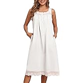 Bloggerlove Nightgowns for Women 100% Cotton Button Down Sleeveless House Dress Lace Moomoo Nightgown with Pockets