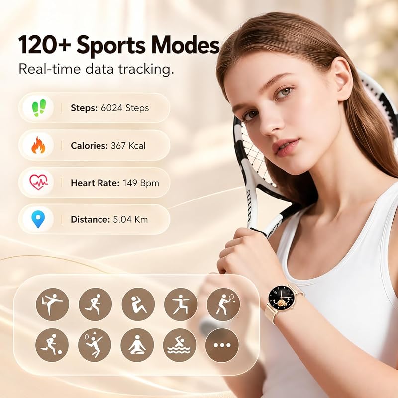Orologio Smartwatch Donna, Schermo Rotondo AMOLED 1,27", Chiamate Bluetooth, Monitoraggio Battito e Sonno Smart Watch Donna, 120+ Modalità Sportive, Impermeabilità IP68 (Oro Rosa) — foto 5 di 7