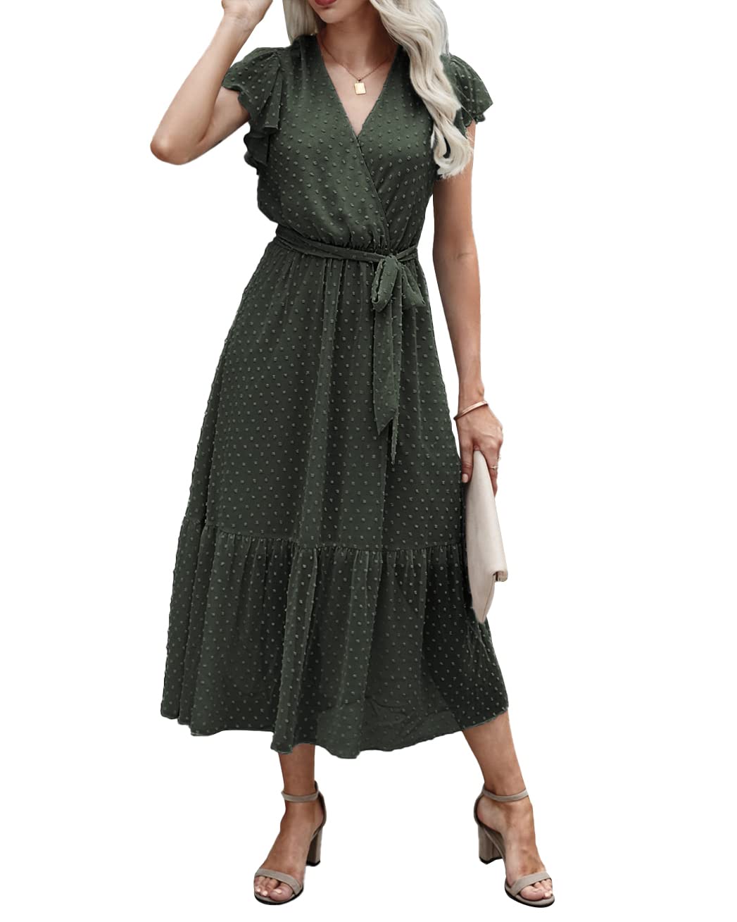 Photo 1 of BTFBM Women Summer Bohemian Floral Casual Wrap V Neck Ruffle Cap Sleeveless Belt A-Line Pleated Hem Swing Midi Sun Dress (Swiss Dot Army Green, Large)