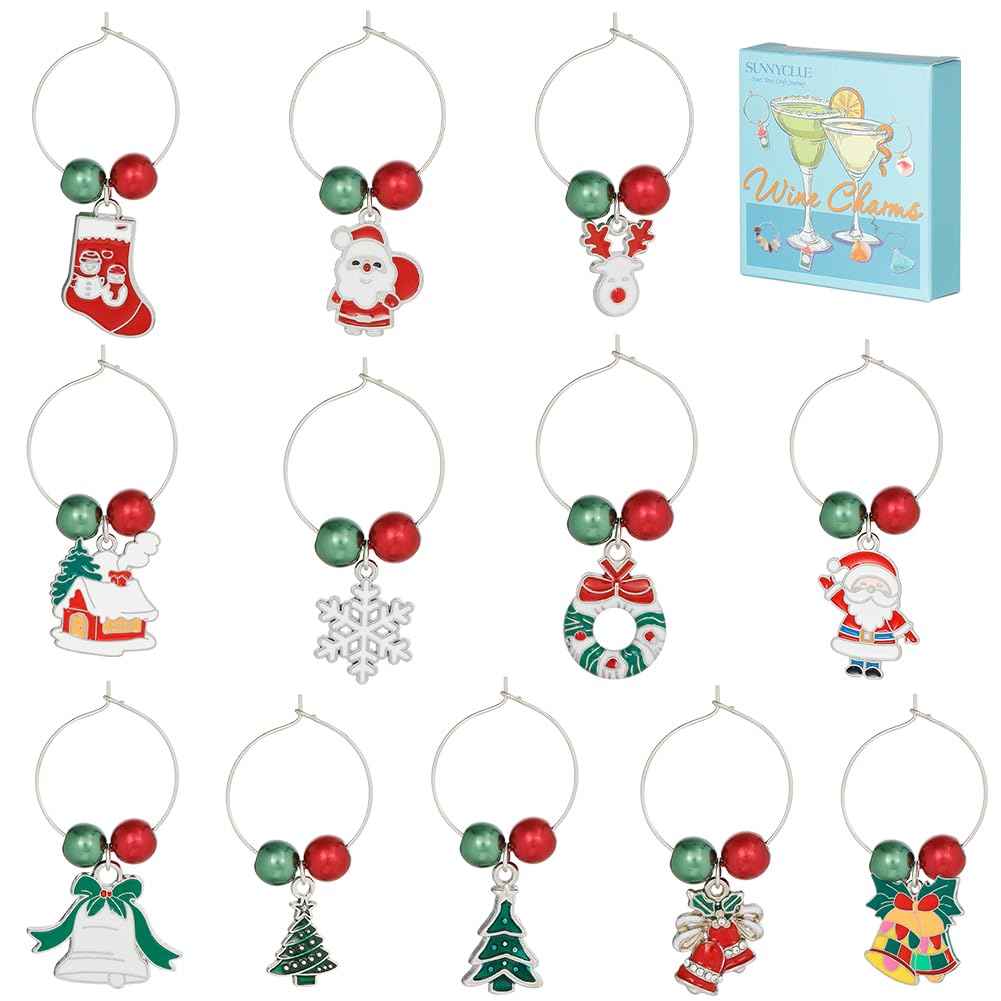 SUNNYCLUE 1 Box 12Sets Christmas Wine Charms Drink Identifiers Silver Wine Glass Markers Enamel Christmas Tree Red Green Bead Glass Beading Rings Identification for Party Tasting Favor UK
