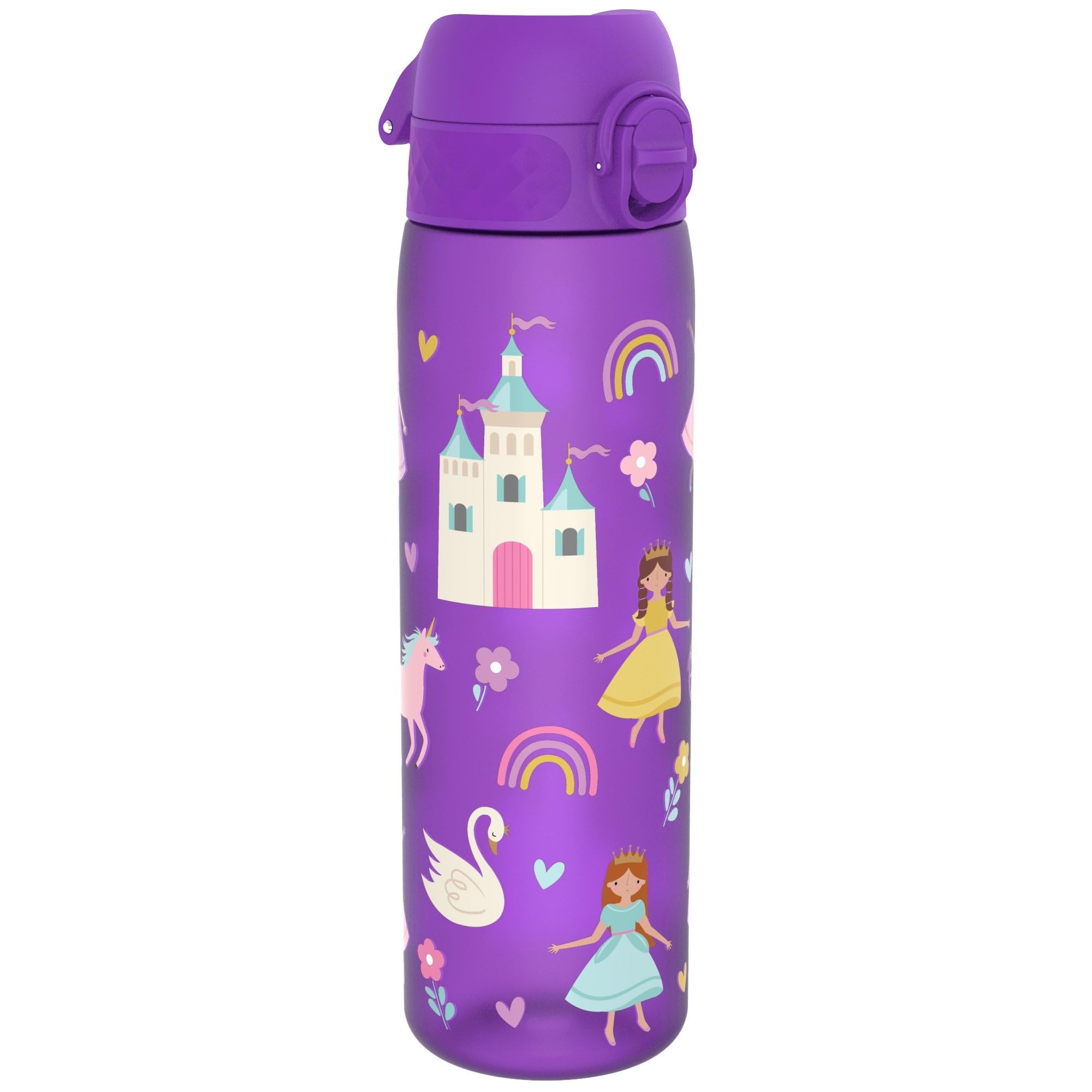 Ion8 Water Bottle, 500ml/18oz, Slim Leak Proof & BPA-Free Drinking Bottle, Secure Lock Prevents Spills, Dishwasher Safe, Carry Handle, Ideal for Adults & Kids - Travel, Gym & School, Purple, Princess