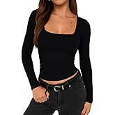 TiulZial Square Neck Shirt for Women - Long Sleeve Going Out Tops Double Lined Tight Crop T Shirt Slim Fit
