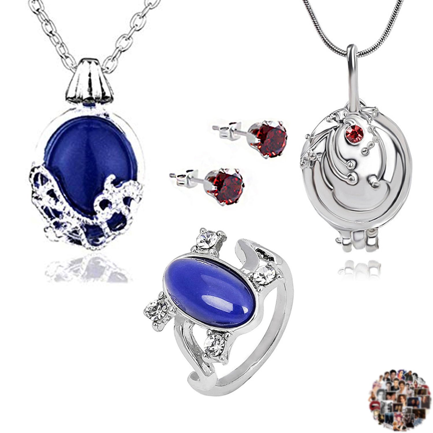 YouU Vampire Diar.s Jewelry Elena Opening Vervain Locket Pendant Necklace Daywalking Katherine Necklace Blue Diamond Ring Red Diamond Stud Earring Includes with Stickers Total 25 pcs