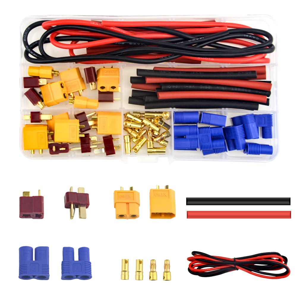 WMYCONGCONG 62 Pcs T-Plug EC3 XT60 Male and Female Adapter Connector with Silicone Wire and Heat Shrink Tube Replacement for RC ESC Lipo Battery Motor