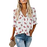 Roshop Valentines Blouses Women's Dressy Tops Smocked Sleeve Deep V Neck Cute Heart Blouse