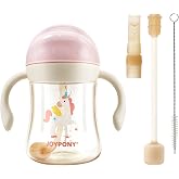 Joypony Sippy Straw Cups for Toddlers 1-3, Spill-Proof Baby Cup, 9 oz Pink | PPSU Weighted Straw Cup for 6 Months+, Toddler Water Bottle with Straw, Leak Proof Toddler Cups 2 Silicone Straws, BPA-Free
