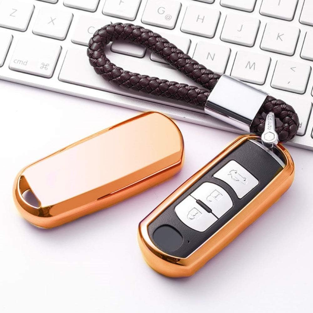 ZKYXZG Car Key Cover Tpu Remote Key Cover Case Fob Bag Shell For Mazda 2 3 5 6 Cx3 Cx-4 Cx-5 Cx-7 Cx-9 Mx5 2009 2010-2013 2014 2015-2017 Keyring,A,Gold keychain