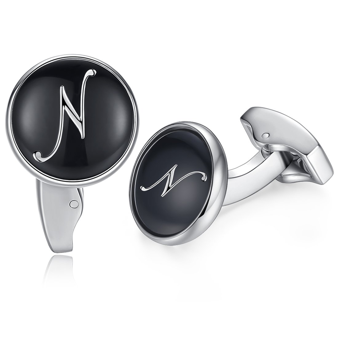 HONEY BEAR Initial Alphabet Letter Cufflinks for Men, Black Round Shape Wedding Business Gift A - Z (N)