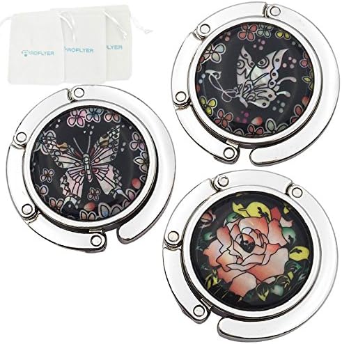 Single Butterfly Flower Theme Designed Shoulder Handbag Hangers Folding Purse Holder Hooks,Set of 3