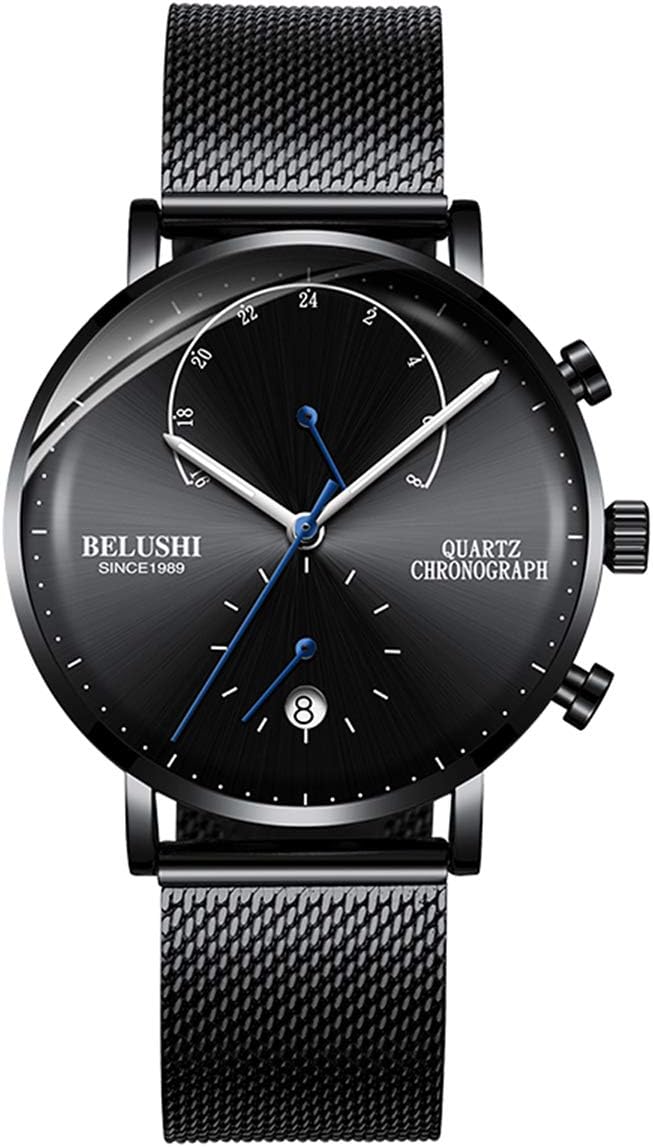 FIZILIMen's Ultra-Thin Watch, Stainless Steel Slim Men Watch,Men's Fashion Minimalist Quartz Watch,Blue/Black Face Black Mesh Band Black(9mm-65g)