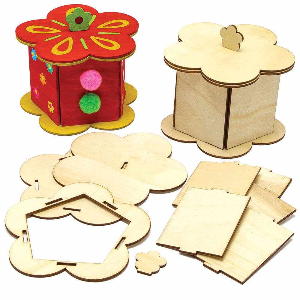 Baker Ross FC736 Flower Wooden Box Kits - Pack of 3, Painting and Decorating Arts and Crafts for Kids