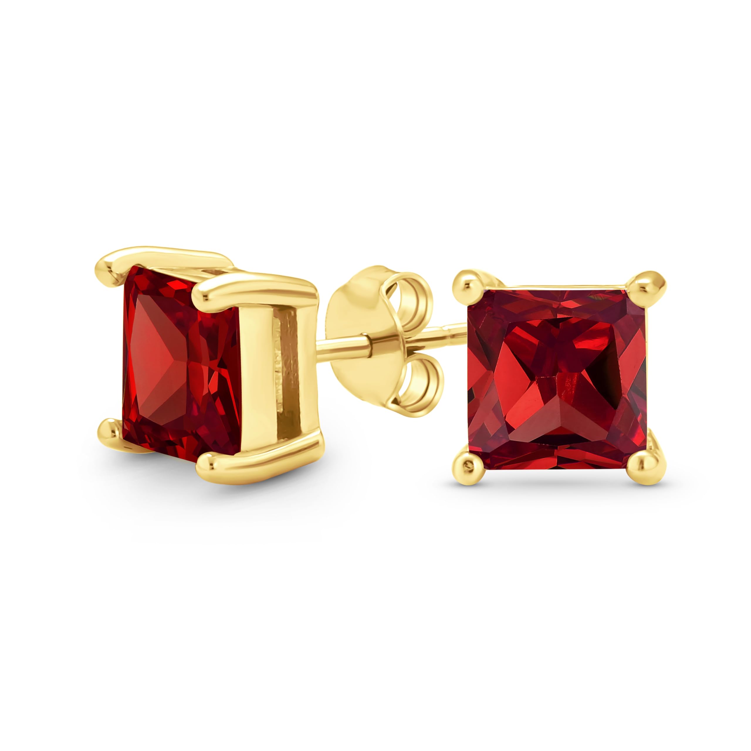 Red Square Cubic Zirconia Brilliant Princess Cut AAA CZ Stud Earrings Gold Plated Sterling Silver Simulated Ruby — image 1