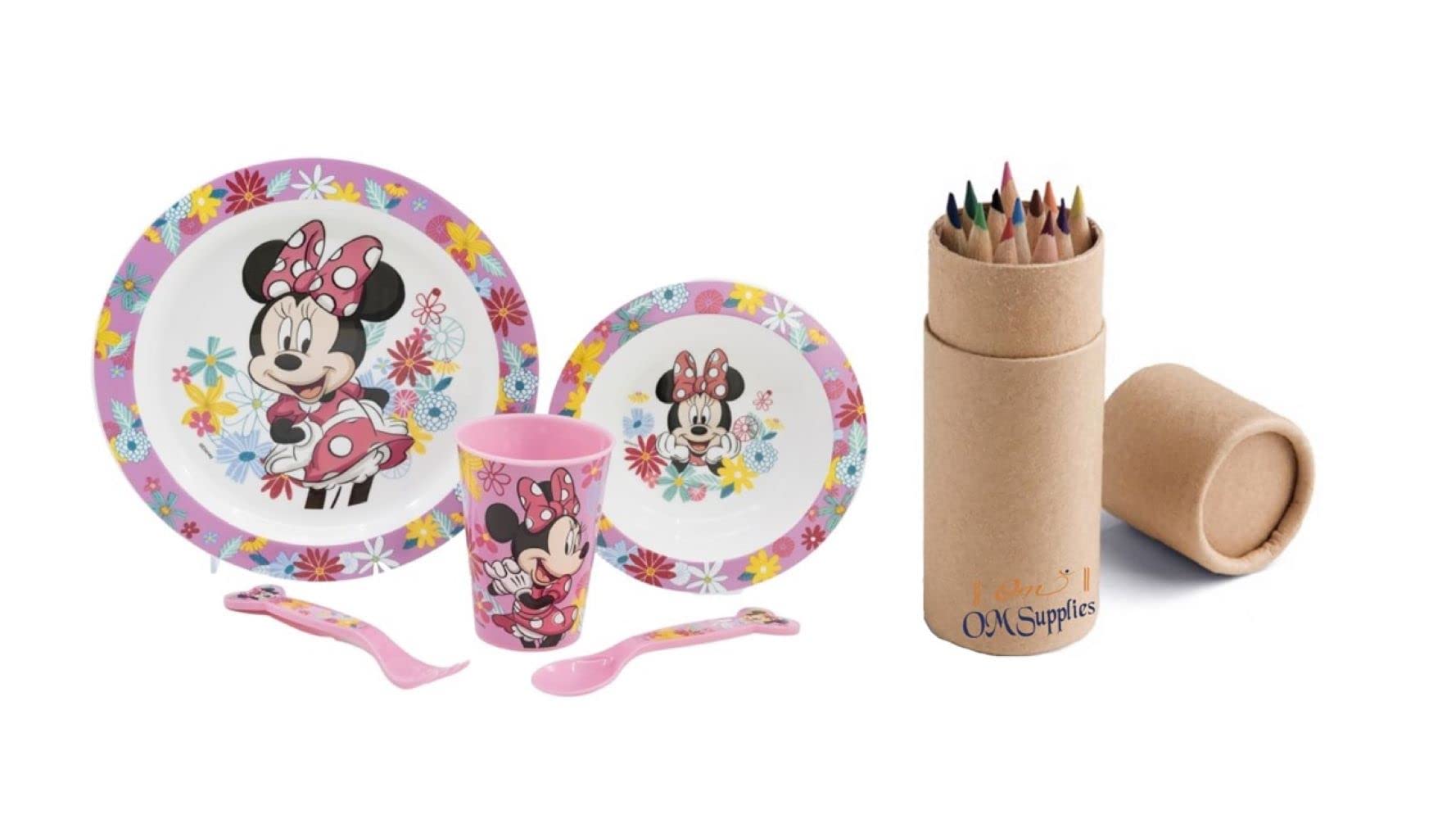 Minnie Cartoon Character Dinner Tableware Set 5pcs Plate, Bowl, Cup & Cutlery, BPA Free re-usable Plastic Microwave Safe Includes Half Size 12pcs Pencil Set (Minnie)