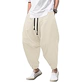 BEAUDRM Men's Color Block Patchwork Baggy Harem Pants Drawstring Elastic Waist Hippie Pants with Pockets Streetwear