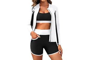 YONIQUE Women 3 Piece Rash Guard - Long Sleeve Swimsuit Built in Bra Swim Shirt Zip Bathing Suit with Pocket Shorts