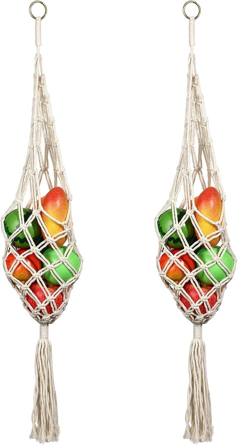 2 Pieces Hanging Fruit Basket Macrame Hanging Fruit Basket Vegetable Breathable Storage Basket for Potato Onion and Fruit Storage Boho Decor for Kitchen