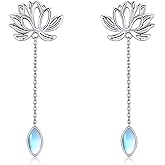 AXOMY Lotus Earrings 925 Sterling Silver Lotus Moonstone Dangle Drop Earrings Flower Yoga Jewelry Mothers Gifts for Women Mom Grandma