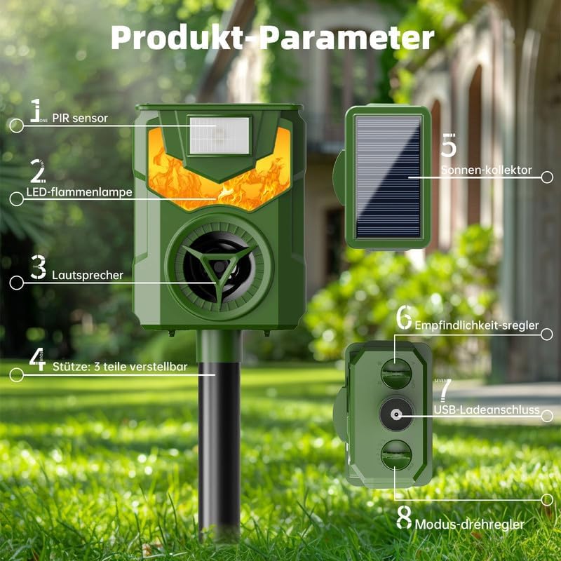Ultrasonic Cat Repellent, Solar and USB Animal Repellent, IP54 Waterproof Outdoor Cat Repellent with LED Flame Light and Detector for Cats Dogs Mice Raccoons Birds