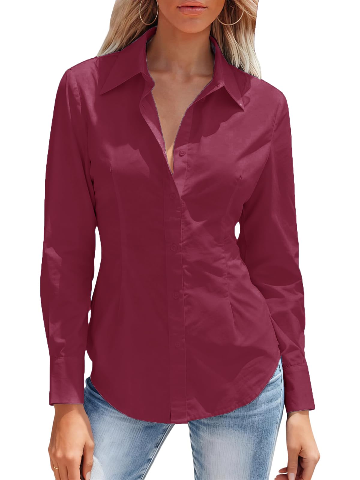 Photo 1 of **MAJOR DAMAGE**
Mutitop Button Down Shirts for Women Long Sleeve Dress Shirts Wrinkle Free Collared Work Office Solid Blouses Corset Tops - Magenta,L