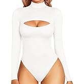 MANGOPOP Women's Mock Neck Cutout Front Bodysuit Long Sleeve Sleeveless Turtle Neck Body Suits Sexy Tops