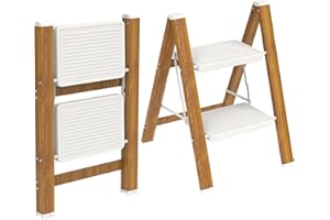 HBTower Step Ladder,Lightweight Aluminum Folding Step Stool with Anti-Slip Wide Pedal,330lbs Capacity Step Ladder for Household,Kitchen,Office - WhiteWoodgrain