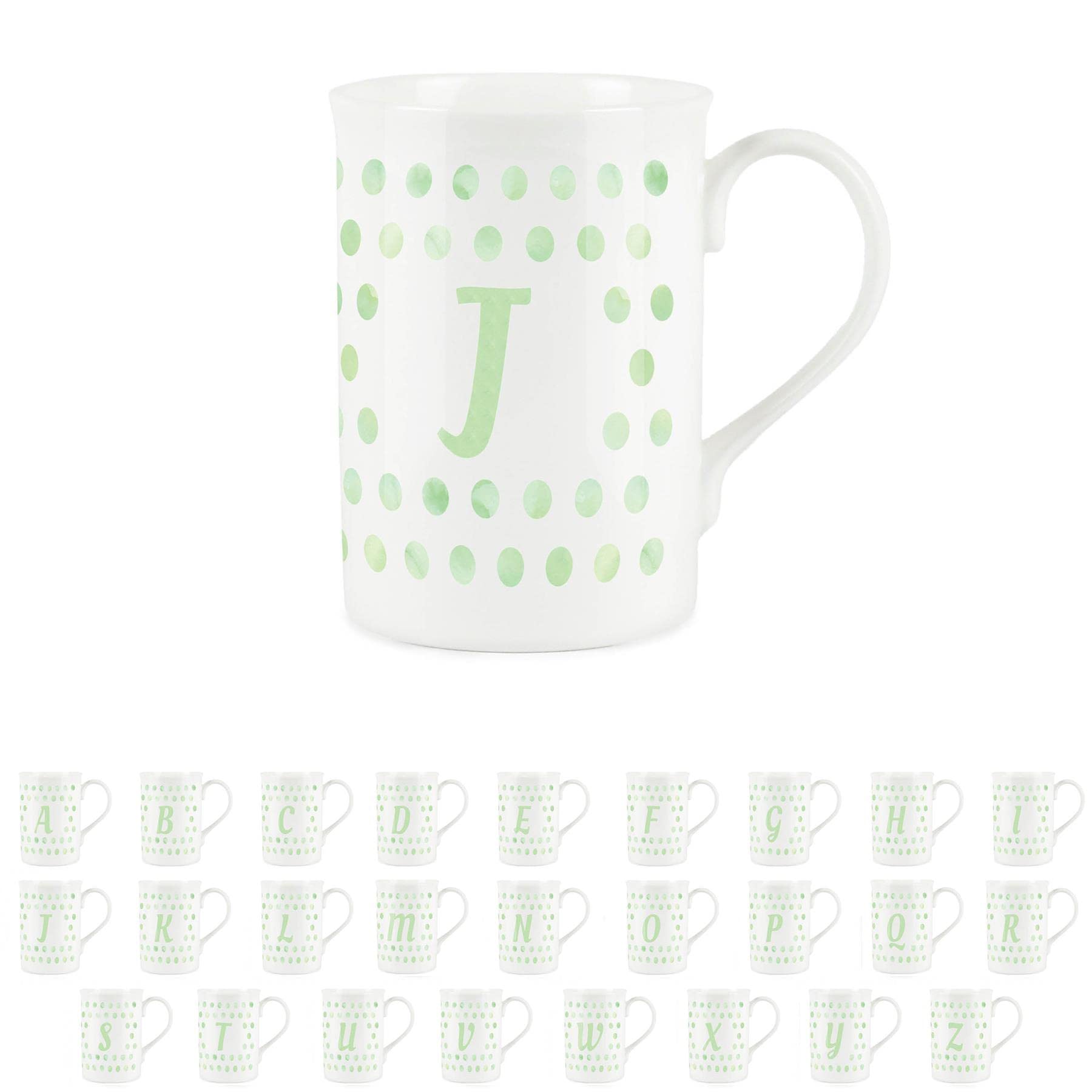 Green Polka Dots Spots Letter J Mug - Fine Bone China Alphabet Initials Gift/Present Mug